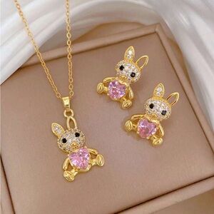1 Set Stainless Steel Heart & Rabbit Pendant Necklace & Earrings Jewelry Set